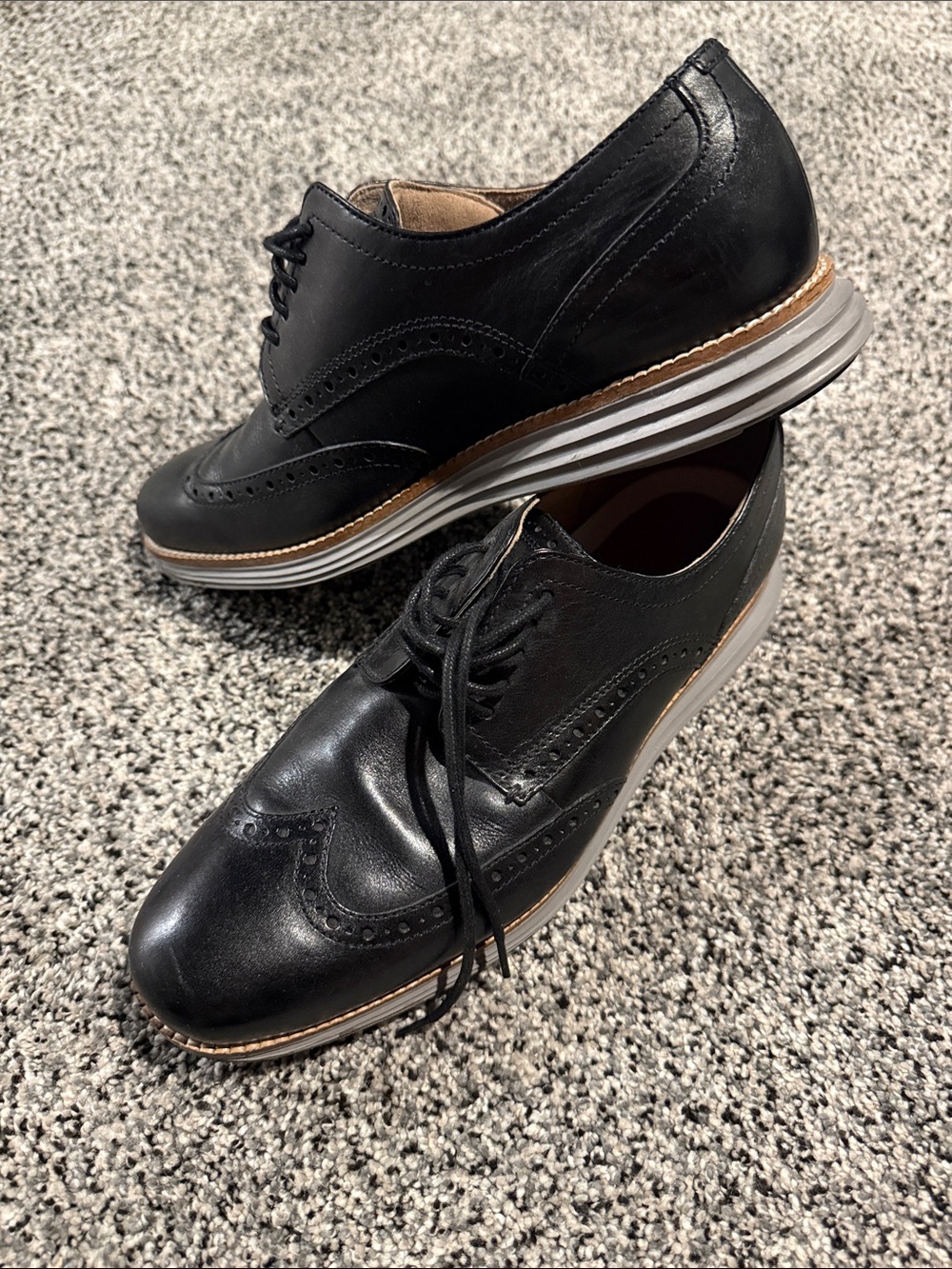Cole Haan Black Leather Wingtip Derbys with White-Trim Sole